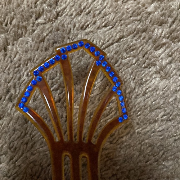 VTG Art Deco Celluloid Blue Rhinestone Hair Fork Comb - Picture 2 of 5
